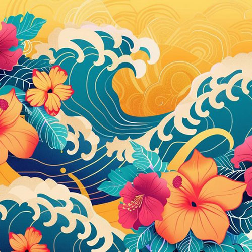 wave and tropical flowers